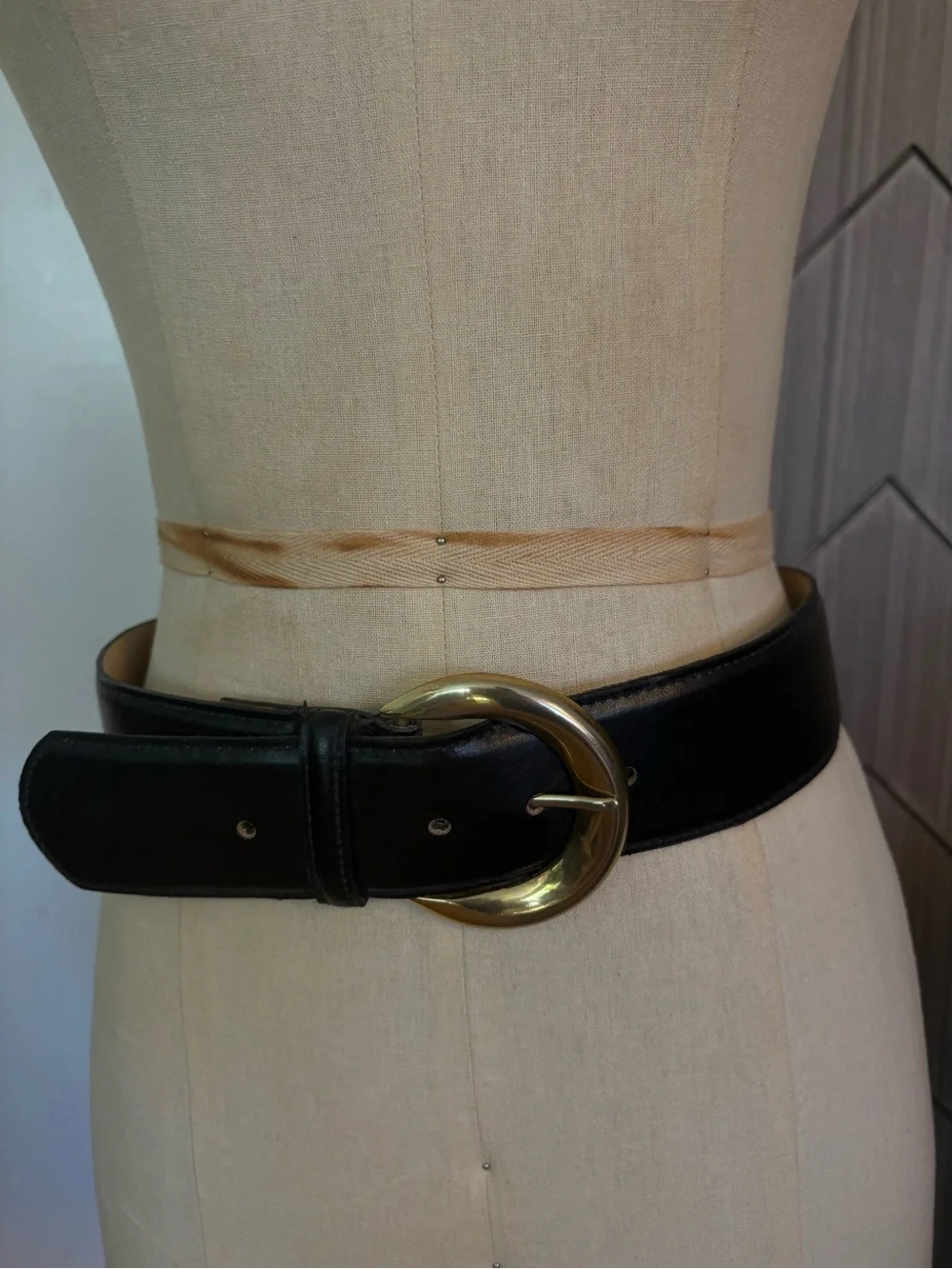 A. BROD Black pvc coated cow Leather Belt with Gold Crescent Buckle Size Medium